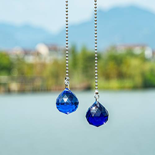 Image of Ceiling Fan Pull Chain, 2pcs 30mm Diameter Prism Ball Extension Chains with Decorative Light Bulb and Fan Cord (Blue