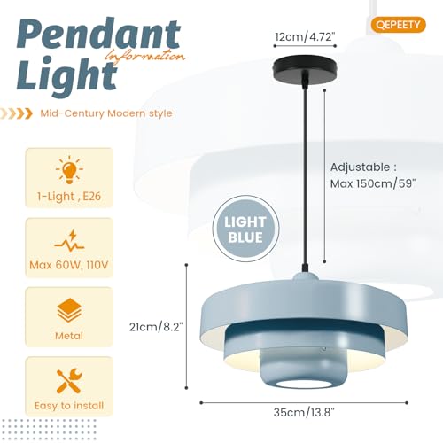 Image of 2-Pack Light Blue Metal Pendant Light, Mid Century Hanging Light Fixture, 59 Inch Adjustable Wire, E26 Lamp for Dining Table, Kitchen Island, Foyer