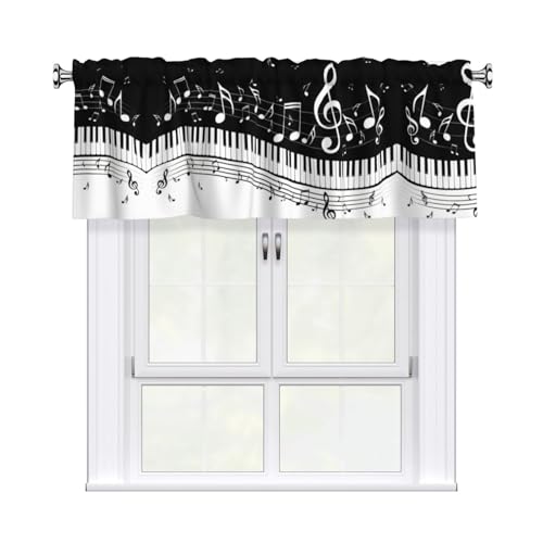 ASFgda Cenefa de cortina con estampado de notas musicales en blanco y negro de 137 x 45,7 cm, bolsillo para barra, cenefa corta para ventana de filtrado de luz, para cocina, sala de estar, dormitorio