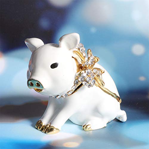 Waltz&F White Pig with Bowknot Handcrafted Pewter Trinket Box Ring Holder Decorative Figurine Collectible