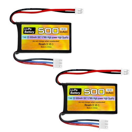 Fytoo 2PCS 7.4V 500mAh 30C Lipo Battery RC Car Drone Battery with PH2.0 Plug for AX24 SCX24 RC Car Model Batteries Compatible with Most 1/10