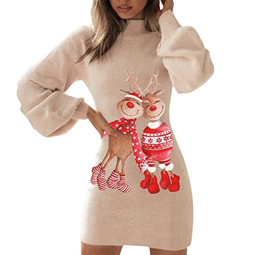 Générique Pullover, Weihnachtskleid, Damen, halber Rollkragen, Langarm, Strickpullover, Herbst- und Winterkleid, warm, Slim Fit, bedruckt, Elch,...