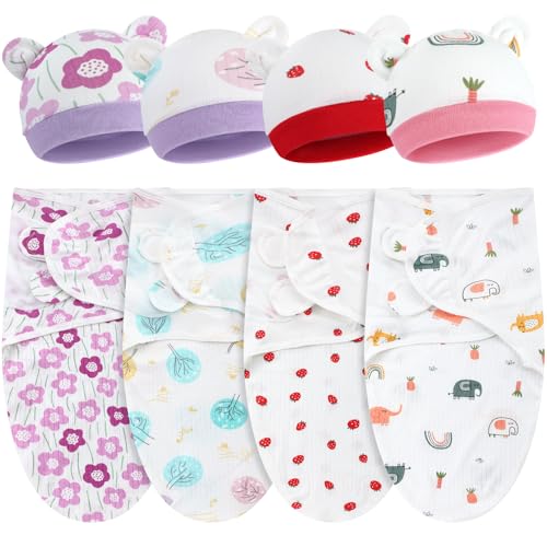Image of Buryeah 4 Pack Preemie Swaddle Blanket Wrap Set with Hat for Baby Boys Girls 3-7 Lbs Preemie Newborn Clothes Sleepers Cap