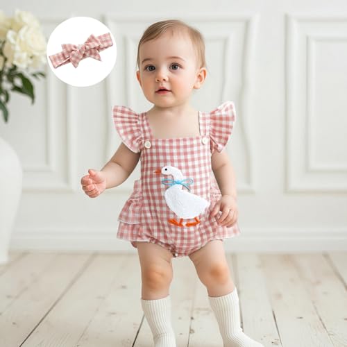Honganda Cute Baby Girl Summer Romper Flying Sleeve Backless Goose Embroidery Plaid Bodysuit Onesie with Headband2