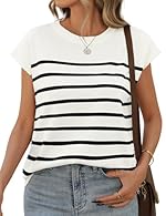 1. Striped Womens Tops Material: Ladies summer tops blouse is crafted from a blend of 83% Viscose and 17% Polyester, ensuring the garment's softness, comfort, and breathability, suitable for spring and summer. 2. Cap Sleeves T-shirt Design: The T-shi...