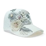 Breathable Baseball Cap Women Trendy Handmade 3D Flower Sun Hat with Crystal and Pearls Adjustable (White)