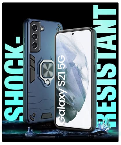 Image of WOW IMAGINE Shock Proof Back Case Mobile Cover for Samsung Galaxy S21 5G | Back Cover Case (Tough Armor | Hybrid PC + TPU | Ring Holder & in-Built Kickstand | Blue)