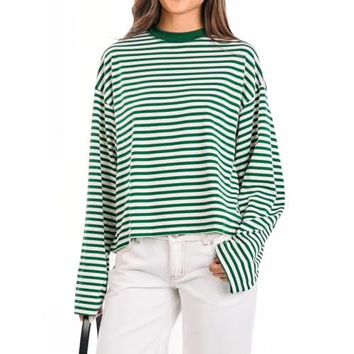 LOMON Striped Long Sleeve Shirt Women Y2k Oversized Crewneck Fall Spring Drop Shoulder Vintage Tops Teen Girl Clothes