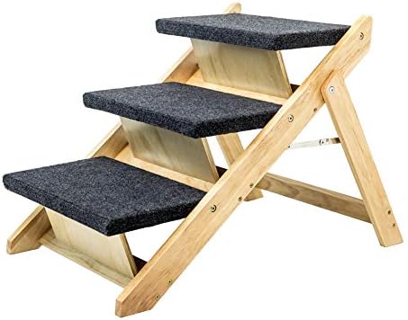MEWANG Wood Pet Stairs/Pet Steps - Foldable 3 Levels Dog Stairs & Ramp Perfect for Beds and Cars - Portable Dog/Cat Ladder Up to 110 Pounds