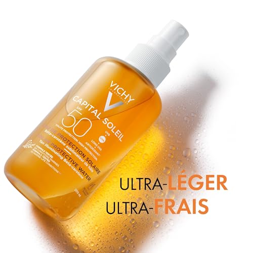 Vichy - Capitail Soleil Eau de Protection Solaire SPF 50 - Spray Solaire Qui Protège et Booste le Bronzage - Enrichie en Bêta-Carotène - Activateur de Bronzage Pour Tous Types de Peau - Hâle sublimé
