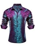 Barry.Wang Men Dress Shirts Long Sleeve Button Down Silk Paisley Floral Party Shirt Jacquard Business Formal Purple and Teal