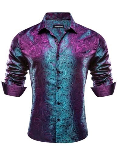 Barry.Wang Men Dress Shirts Paisley 70s Disco Shirt Button Down Silk Long Sleeve Tops for Wedding/Prom/Party/Nightclub