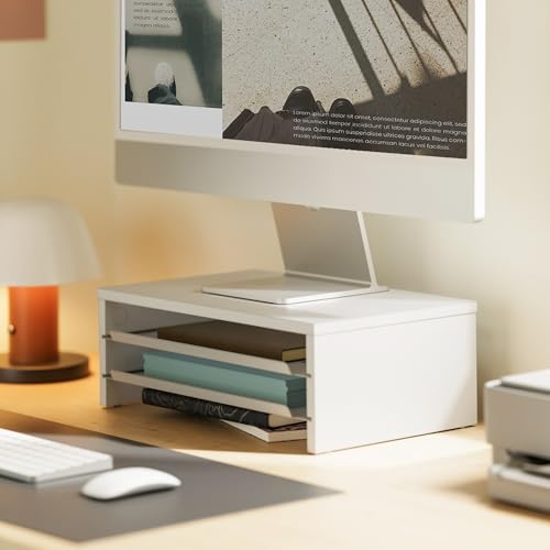 Image of Fenge Monitor Stand, 3-Tier Monitor Riser with Slide-Out Tray, Wooden and Metal Desktop Organizer for Home Office, Computer, Laptop, Printer, Telephone