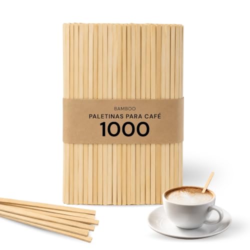 Paletinas Cafe Desechables de Madera, Palitos para cafe, Bambú, 11 cm Longitud, Contiene 1000 unidades