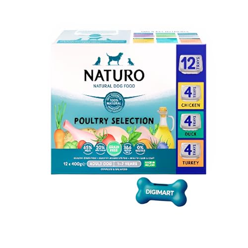 DIGIMART Natural Dog Food Naturo Poultry Selection Grain Free Adult 1-7 Years 12 x 400g Trays Chicken Duck Turkey Wet Dog Food
