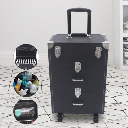 3 Ebenen Rolling Makeup Train Case Kosmetikkoffer Schminkkoffer Kosmetikkoffer Hartschale Schminkkoffer Damen Beauty Case mit Teleskopgriff und Rollen mit Bremsen, Rechteckig, für Make-up-Künstler