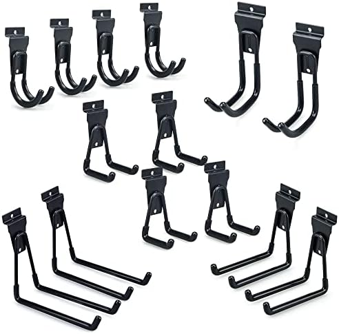 BELLO YON Slatwall Hooks, Slat Wall Accessories Multi Size Garage Hooks Storage Utility Hanging Hooks Wall Mount Tool Holder for Ladder Garden Tools (14 Pack, Black)