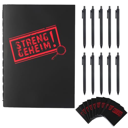 Neerow „Streng Geheim“-Notizheft Set, 10 kleine Notizblöcke (10 × 7 cm) mit 10 Kugelschreibern, Tragbare Notizbücher, 20 Blankoseiten, für Schule Büro Party Mitgebsel Gelöst Detektivparty (Schwarz)