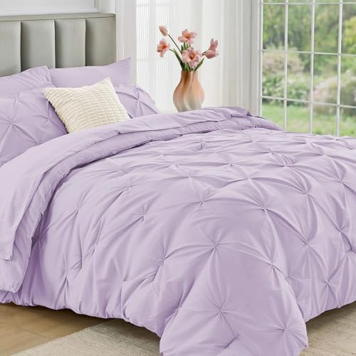 JOLLYVOGUE Full Size Comforter Sets 7 Pieces - Bed in a Bag Full for All Season Pintuck Bedding Comforter Sets with Comforter Flat Sheet Fitted Sheet and Pillowcases & Shams Light Purple