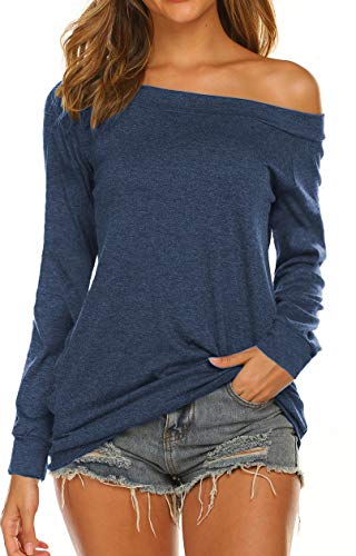 Halife Off Shoulder Blouse, Long Sleeve T Shirt Women Cotton Blend (M, Dark Blue)