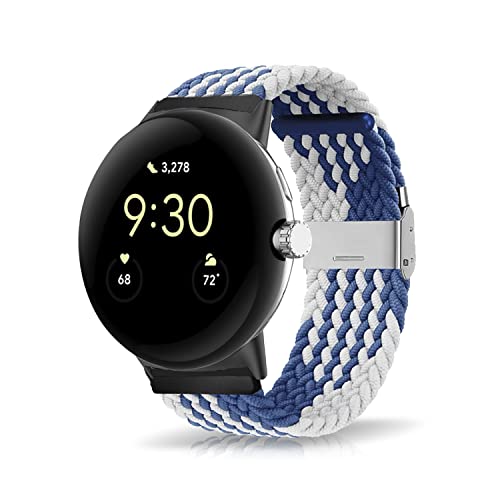 Niboow Bracelet Tressée Compatible avec Google Pixel Watch, Hommes Femmes Ajustable Tressé Élastique Bracelet Compatible avec Google Pixel Watch - Bleu /Blanc Cover