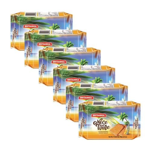 Britannia Nice Time 2.8oz (80g) - Delicious Coconut Biscuit Crunchy - Kids Favorite Breakfast & Tea Time Snacks (Pack of 6)