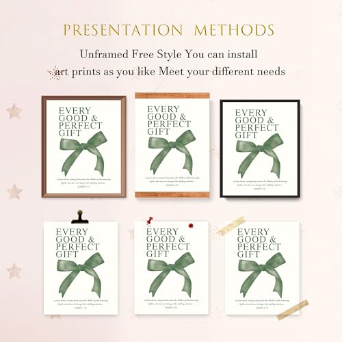 Image of LARTSFRO Coquette Green Bow Wall Art Decor Posters, Olive Green Bow Christian Room Bedroom Bathroom Dorm Wall Art Decor Aesthetic for College Teen Girls Gifts, Inspirational Bible Verses Bow Wall Decor, 10x8 Inch Set of 4 Pcs Bow Pictures (UNFRAMED)