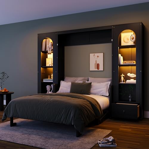 Merax Queen Size Murphy Bed with LED Lights, Wood Hidden