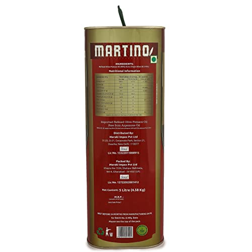 Image of Martino Olive Pomace Olive Oil 5L Tin, Roasting & Sauteing Rich Neutral Flavour, Everyday Indian Cooking & Deep Frying
