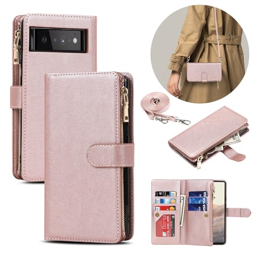 iCoverCase for Google Pixel 6 Pro Wallet Case with Card Holder, Kickstand Feature PU Leather Case with Adjustable Crossbody Lanyard Magnetic Clasp Zipper Pocket Flip Cover (Rose Gold)