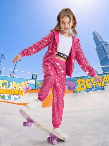 Image of LOLANTA 2Pcs Girls Dance Outfits Cropped Sequin Jacket Pants Set, Kids Hip Hop Dance Costumes for 80s 90s Party 5-15 Years