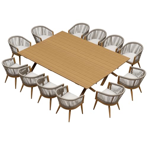 Image of PURPLE LEAF Outdoor Dining Set for 12 with Cushions PE Rattan Teak