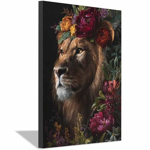 Toile lion abstrait aux fleurs jaunes pour illuminer une chambre à coucher parentale