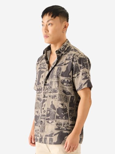 Image of The Souled Store Official Batman: 1989 Men and Boys Short Sleeve Collared Neck Button Down Grey All Over Print Cotton Summer Shirts