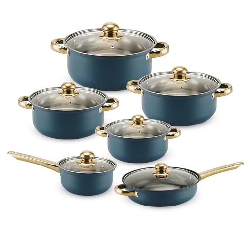 Retoo Topf und Pfannenset Induktion 12-teilig Kochtopf Set mit Glasdeckel, Topfset Edelstahl Bratpfanne Kühlbleibender Griff Spülmaschinengeeignet Durchmesser 16/18/20/24 cm