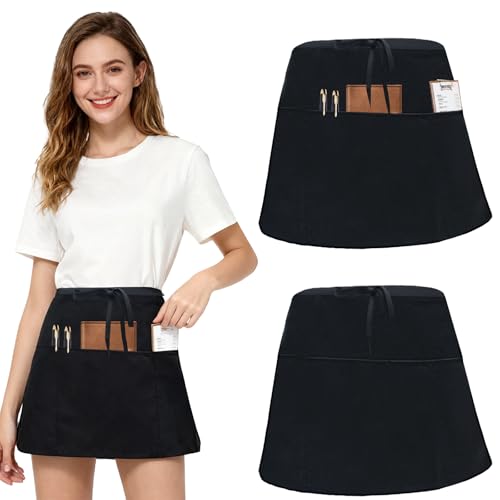 2 Pièces Tablier de Cuisine avec 3 Poches, Courts Tablier de Cuisine pour Femme et Homme, Noir Tabliers Toile Réglable, Tablier de Taille Anti-salissure pour Serveurs,...