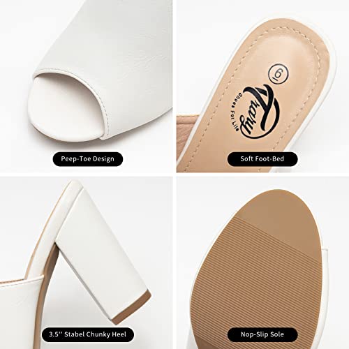 Trary White Women's High Peep Toe Chunky Mules - Comfortable Sandals With Block Heel, Size 8 #TOP3