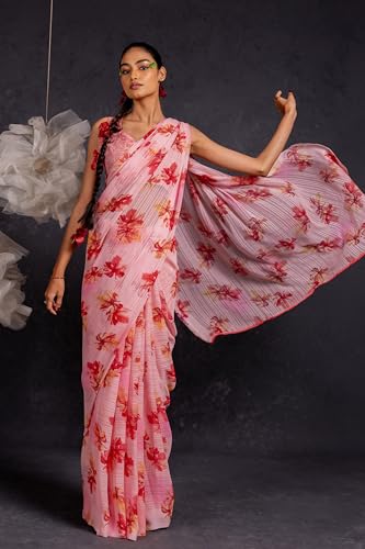 Image of MIRCHI FASHION Saree for Woman Georgette Floral and Leaf Printed | Elegant Farewell and Ceremonial Women's Sari with Blouse Piece