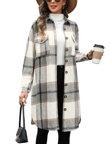 Tuopuda Veste Chemise à Carreaux en Flanelle pour Femme Manches longues Veste à Carreaux Blouse avec Boutons Long Manteau Mélange de laine(Kaki Clair,L)