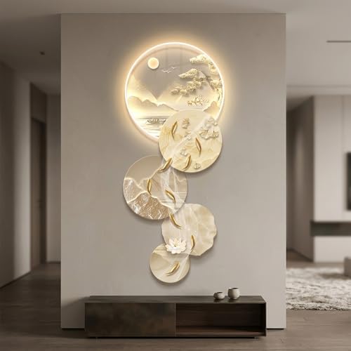 Image of YHTCSXMD 3D LED Nine Fish Landscape Wall Art Painting Crystal Porcelain Mural, Plug-in Power Supply Modern Lighted Sculpture for Living Room Entrance(160x64cm(63.0x25.2in),B)