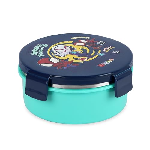 Image of CELLO Kidzbee Pluto Web Warrior Insulated Kids Lunch Box, Navy Blue | Silicone Food-Grade Seal Lid | 3D Touch & Feel Designs | Leak Proof & Secure 4 Sided Click Locks | Ideal for School & Picnic