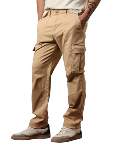 Image of Vogaan Men Solid Relaxed Fit Cotton Blend Cargo Trousers with Utility Pocket