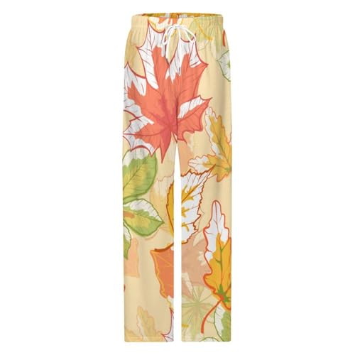 Unisex Pajama Pants, Autumn Leaf Pattern Retro Drawstring Waist Loose Fit PJ Sleepwears with Pockets for Coulpe4