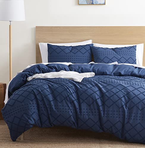 Image of Nestl Boho Bedding Queen - Navy Textured Duvet Cover Set, 3 Piece Tufted Boho Duvet with Zipper Closure, 90x90 Inches and 2 Pillow Shams