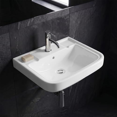 Image of WASSMIST Wash Basin | Wall Hung Wash Basin for Bathroom with 10 Year Glaze Warranty | Premium Ceramic Compact Basin with Tap Hole (15.7 X 14 X 6.1 Inch)