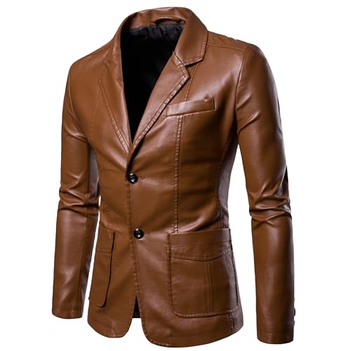 DGHM-JLMY Men's Suit Collar Fashion Pu Leather Jacket Casual 2 Button Slim Faux Leather Blazer Business Leather Sport Coat