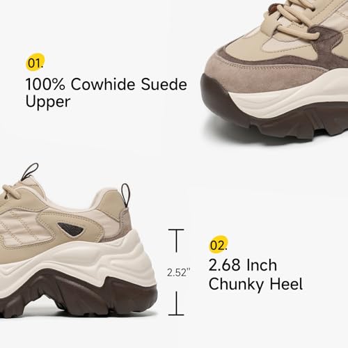 BEAU TODAY Chunky Sneakers for Women,Dad Shoes for Women,Lace Up Fashion Slip-on Comfortable Leather Tennis Shoes3