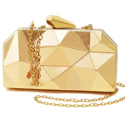YAPAIOU Women Lattice Pattern Metal Evening Clutch Bag,Geometric Evening Clutch Purse Handbag With Chain Strap For Lady Wedding Party Prom Formal Occasion(Gold)