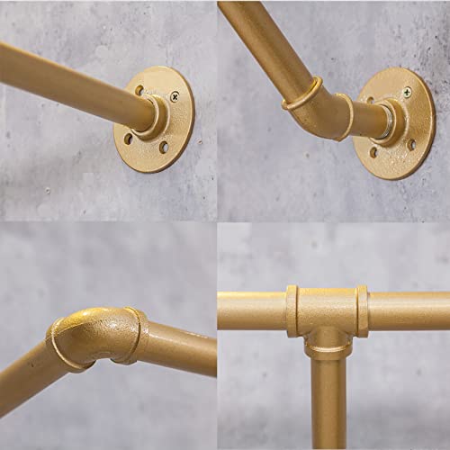 Mdepyco Industrial Vintage Pipe Wall Mounted Towel Clothing Hanging Shelves System,Laundry Room Type E Storage Rod,Metal Garment Rack For Clothes Retail Display Stand (24" L X 11.8" D, Gold) #TOP5