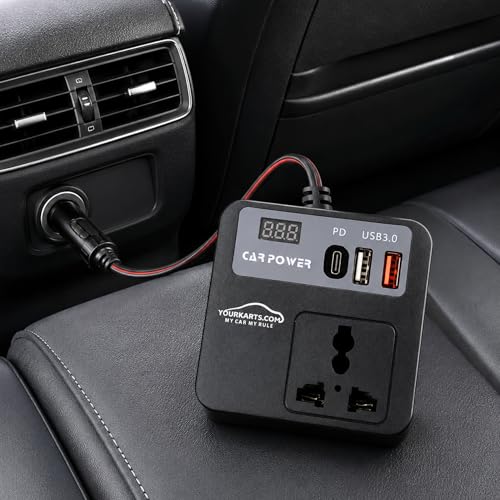 Image of YOURKARTS.COM 200W Car Power Inverter 12V DC to 220V AC Converter with 3 USB Ports|6.2A Max|1 Type-C Fast Charging Port | Car Laptop Charger Power Adapter for Mobile|Gadgets LCD Display